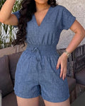 Women's Deep V Neck Denim Look Romper Shirred High Waist Short Jumpsuit Backless Batwing Sleeve Romper