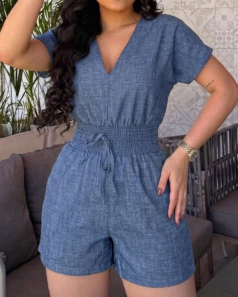Women's Deep V Neck Denim Look Romper Shirred High Waist Short Jumpsuit Backless Batwing Sleeve Romper