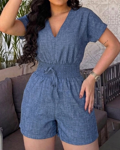 Women's Deep V Neck Denim Look Romper Shirred High Waist Short Jumpsuit Backless Batwing Sleeve Romper