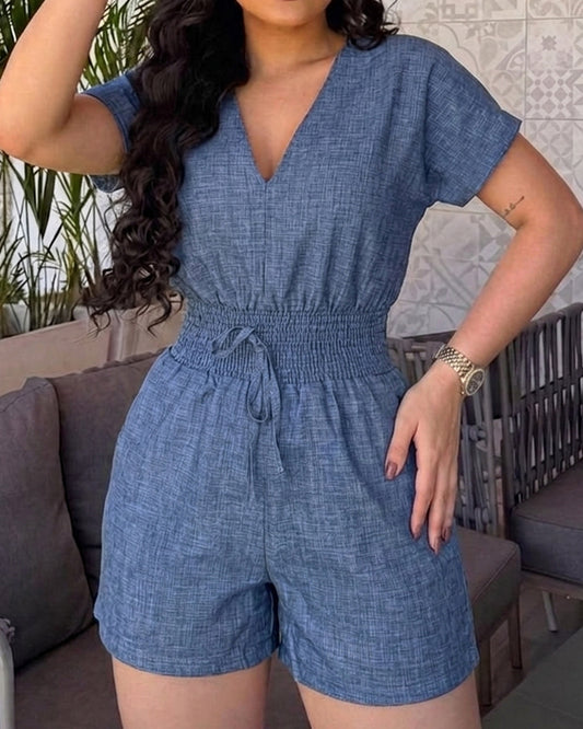 Women's Deep V Neck Denim Look Romper Shirred High Waist Short Jumpsuit Backless Batwing Sleeve Romper