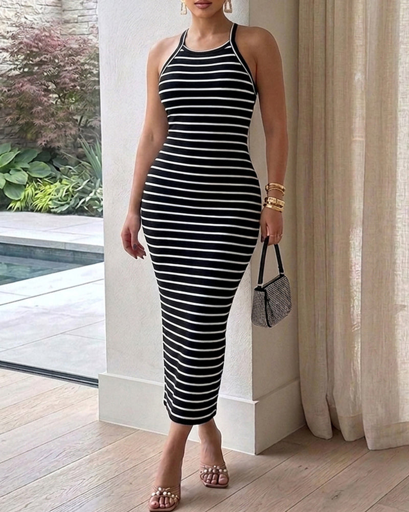 Women's Striped Halter Maxi Dress Sleeveless Ribbed Knit Dress Elegant Back Slit Slim Fit Casual Sundress