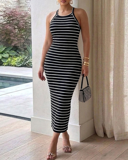 Women's Striped Halter Maxi Dress Sleeveless Ribbed Knit Dress Elegant Back Slit Slim Fit Casual Sundress