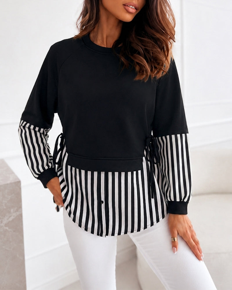 Women's Faux Two-Piece Striped Patchwork Sweatshirt Long Sleeve Tied Detail Loose Fit Casual Top
