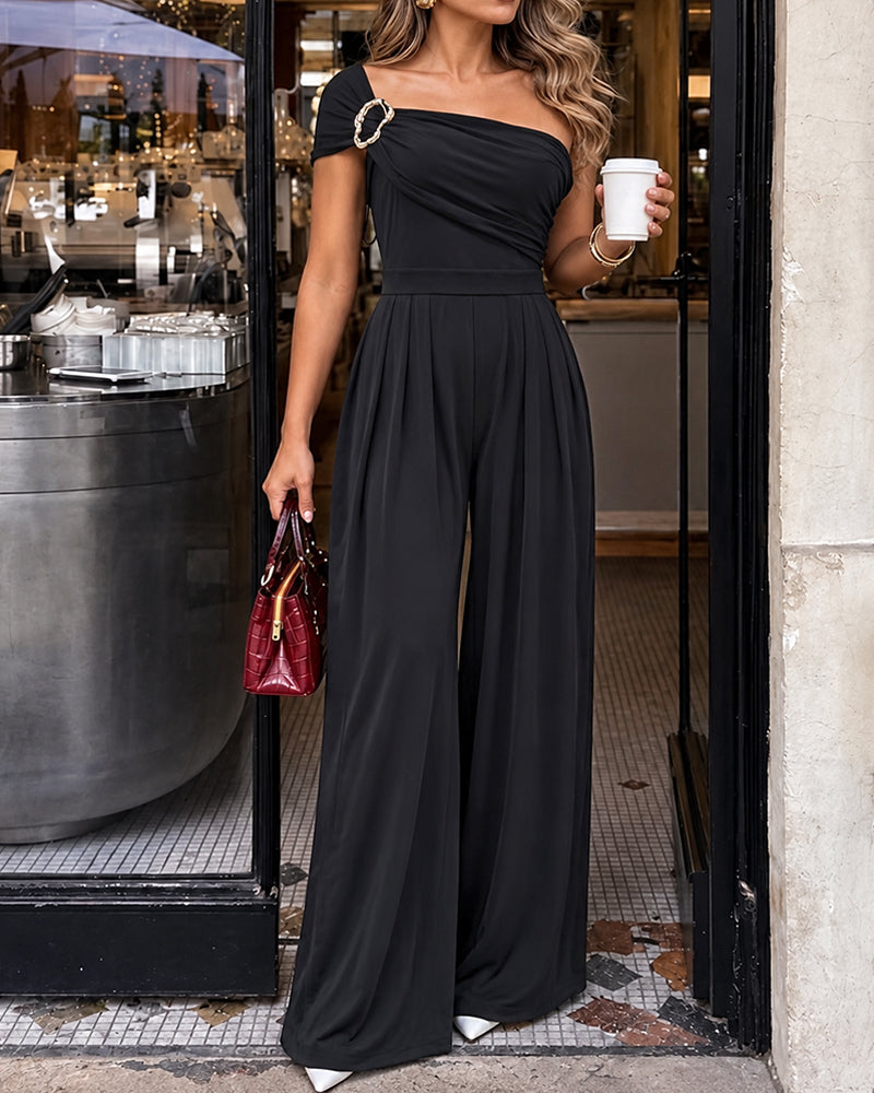 CHICME Damen-Overall mit One-Shoulder-Goldschnalle, gerüschter Taille und weitem Bein