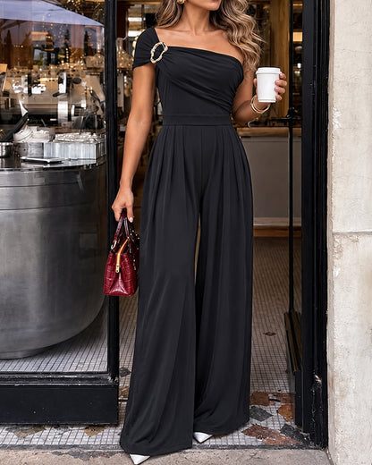 CHICME Damen-Overall mit One-Shoulder-Goldschnalle, gerüschter Taille und weitem Bein