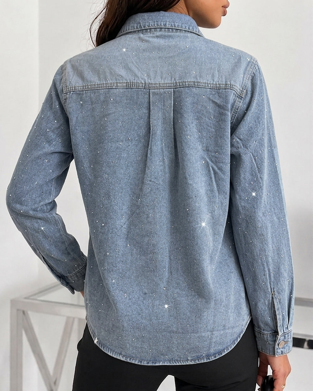 Women's Rhinestone Denim Jacket Washed Button-Down Shacket Sparkling Loose Fit Long Sleeve Casual Outerwear