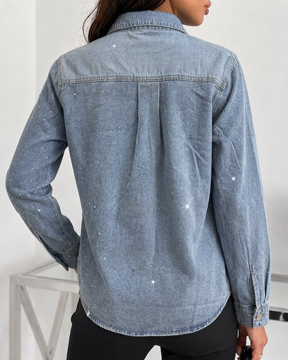 Women's Rhinestone Denim Jacket Washed Button-Down Shacket Sparkling Loose Fit Long Sleeve Casual Outerwear