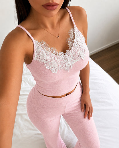Women's 3 Piece Outfits Lace Cami Top and Long Sleeve Cardigan and Straight Leg Pants Set Casual Lounge Sleepwear Suits