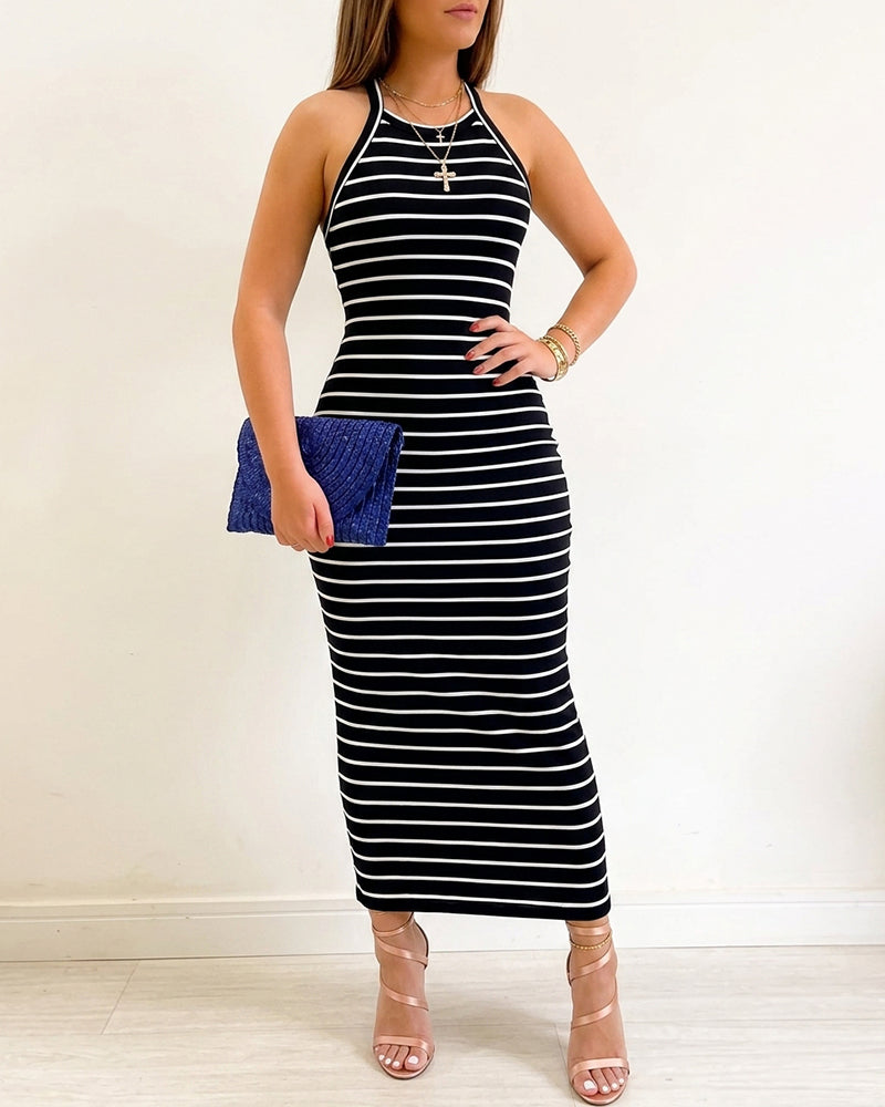 Women's Striped Halter Maxi Dress Sleeveless Ribbed Knit Dress Elegant Back Slit Slim Fit Casual Sundress