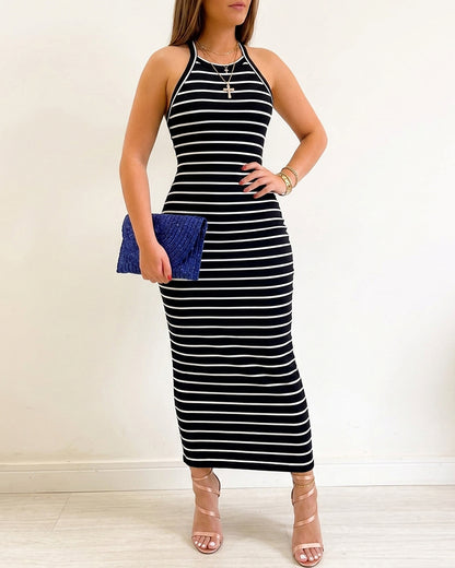 Women's Striped Halter Maxi Dress Sleeveless Ribbed Knit Dress Elegant Back Slit Slim Fit Casual Sundress
