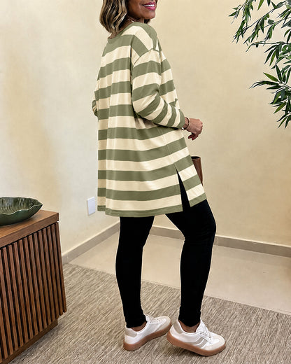 Women's Striped T Shirt Long Sleeve Drop Shoulder Crewneck Tee Side Slit Casual Loose Fit Top