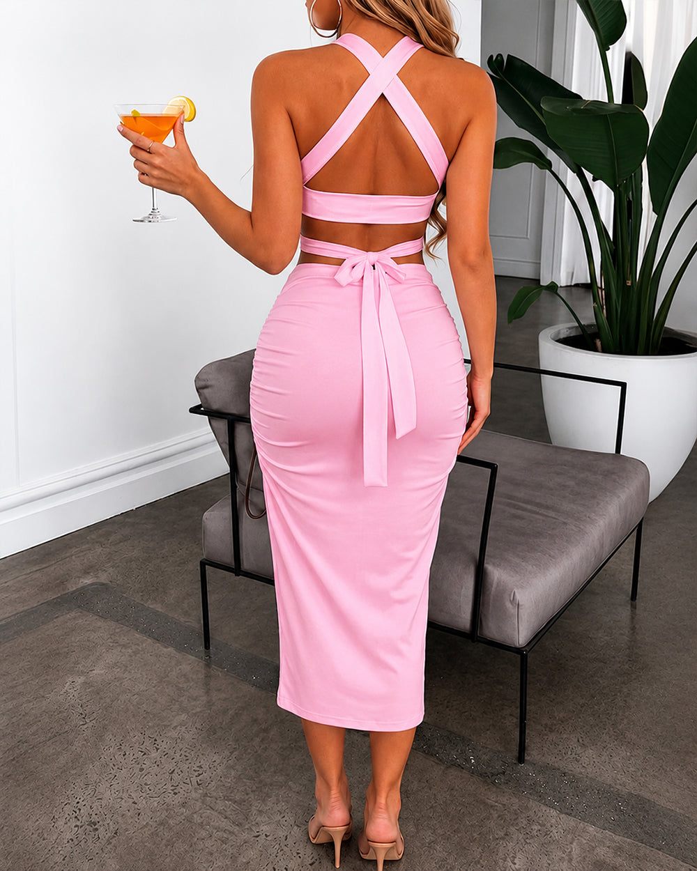Women's Two Piece Set Criss Cross Halter Backless Crop Top and High Slit Ruched Skirt Sexy Matching Set