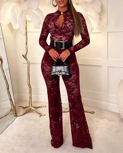 Women's 2 Piece Lace Outfits Keyhole Neck Long Sleeve Bodysuit and High Waisted Flare Pants Set Sexy Party Set without Belt