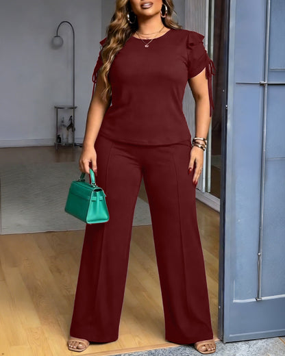 2 Pieces Outfit Ruffles Decor Drawstring Short Sleeve Top and Casual Elastic Waist Seam Front Wide Leg Pants Set