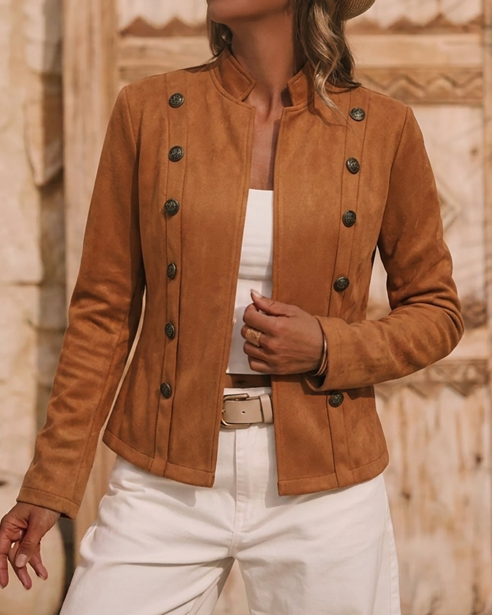 Double Breasted Decor Stand Collar Open Front Faux Suede Jacket Casual Coat