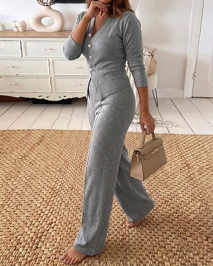 Women's 2 Piece Knit Set V-Neck Button Down Cardigan and High Waisted Wide Leg Pants Casual Loungewear