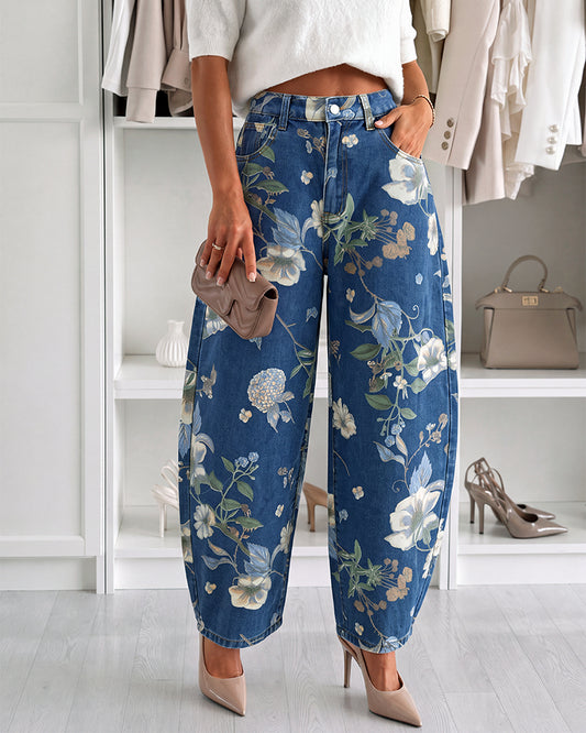 Women's Floral Printed Jeans High Waisted Barrel Denim Pants Vintage Relaxed Trousers