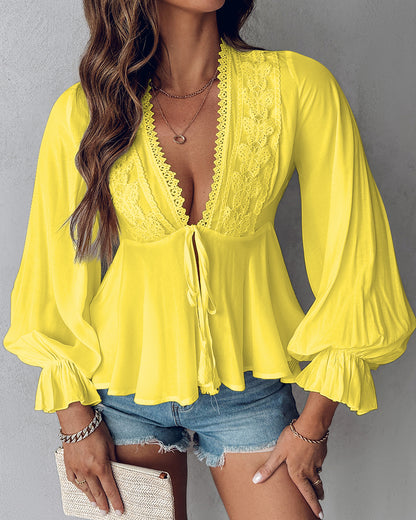 Butterfly Pattern Decor Deep V Neck Long Sleeve Blouse Casual Tie Front Flared Cuffs Lace Trim A-Line Hem Top
