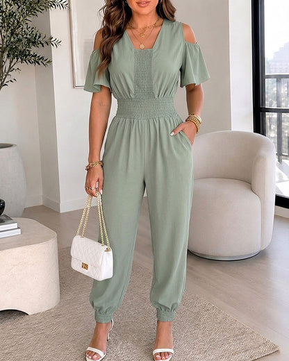 Women's Cold Shoulder Jumpsuit Casual High Waist Shirred Cuffed Overalls with Pockets