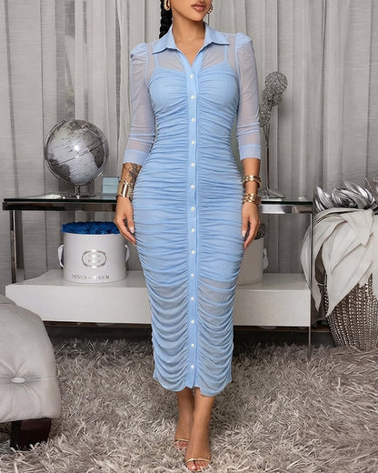 Women's 2 Piece Set Mesh Ruched Midi Dress Puff Sleeve Button Down Sheer Overlay Bodycon Dress with Camisole Slip Dress