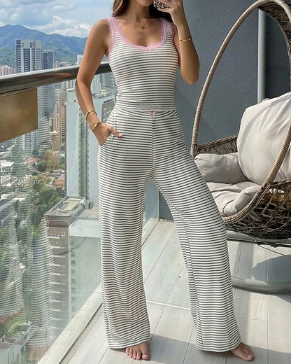 Women's 2 Piece Lace Trim Stripe Lounge Set Sleeveless Tank Top and Wide Leg Pants Set Rib Knit Pajamas Set with Pockets