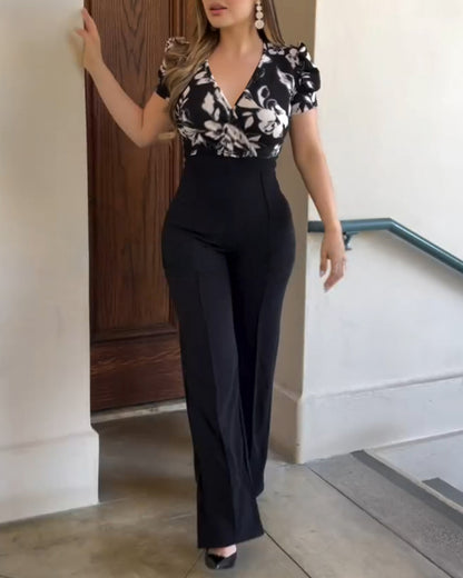 Colorblock Floral Print Spliced Deep V Neck Puff Sleeve Slim Fit Overalls Elegant Ruched Zipper Back Jumpsuit