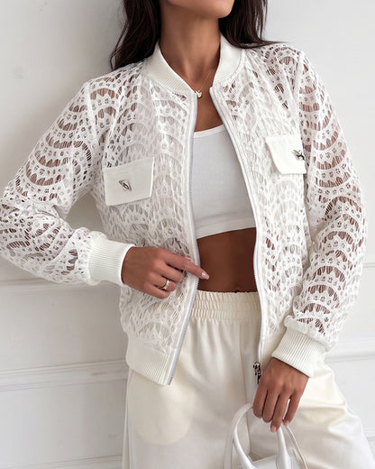 Women's Lace Hollow Out Bomber Jacket Sheer Wave Pattern Lace Zip Up Outerwear Ribbed Trim Coat