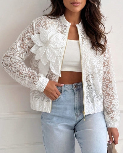 Women's Sheer Lace Bomber Jacket Lightweight Mesh See Through Crop Coat with Detachable 3D Floral