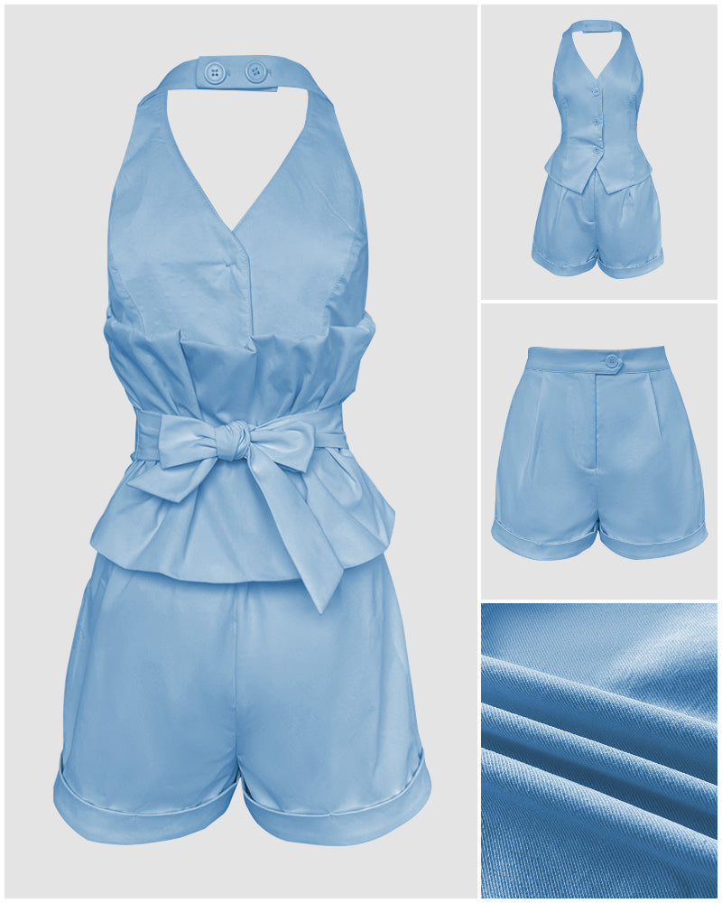 2 Pieces Outfit V Neck Button Front Bow Tie Back Sleeveless Backless Top And Casual Elastic Back Waist Zipper Fly Shorts Set