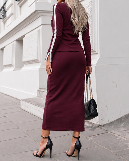 2 Pieces Outfit O-Neck Long Sleeve Slit Cuffs Top and Elastic Waist Slit Front Skirt Set Casual Contrast Striped Set