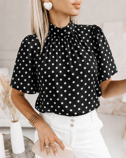 Women's Mock Neck Chiffon Blouse Polka Dot Ruched Elegant Flared Sleeve Top Casual Office Commute Shirt
