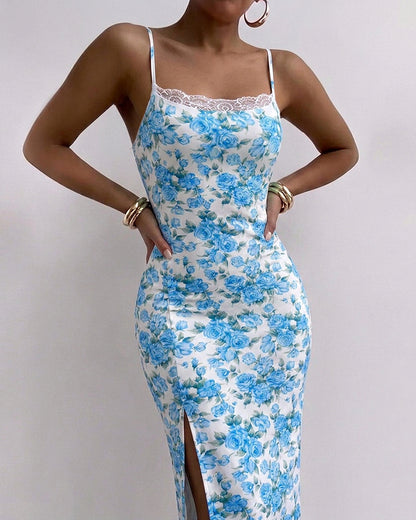 Women's Lace Patchwork Floral Cami Dress Slim Fit High Slit Backless Vacation Dress