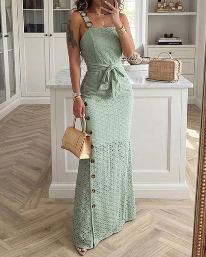Women's Eyelet Embroidery Maxi Dress Backless Side Slit Slip Dress Tie Waist Bohemian Long Dress