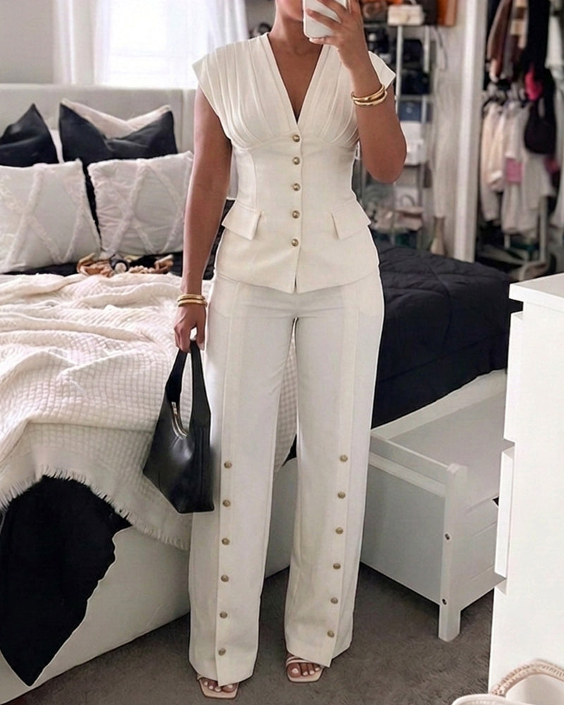Women's 2-Piece Elegant Set Deep V-Neck Sleeveless Backless Pleated Top and Wide-Leg Pants Formal Outfit
