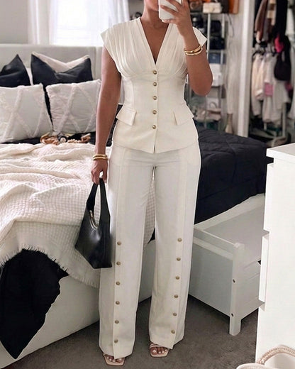 Women's 2-Piece Elegant Set Deep V-Neck Sleeveless Backless Pleated Top and Wide-Leg Pants Formal Outfit