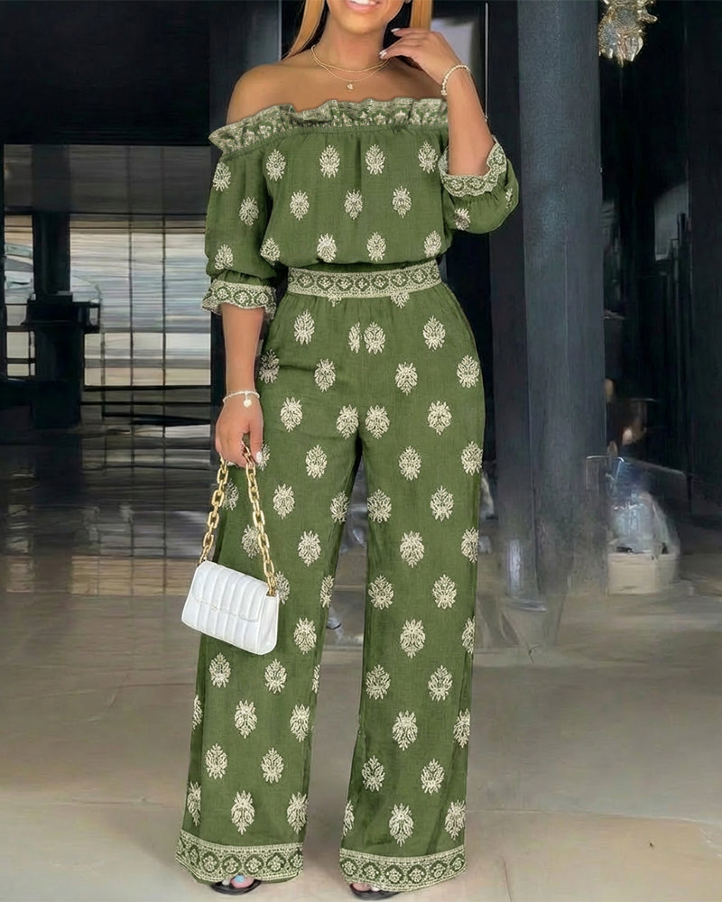 2 Pieces Outfit Stretchy Off Shoulder Half Sleeve Flared Cuffs Stretchy Hem Top and High Waist Elastic Back Waist Wide Leg Pants Set Casual Vintage Print Vacation Set