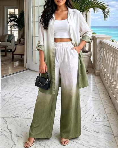 Women's Ombre 2 Piece Outfits Long Sleeve Mid-Length Button Down Shirt and High Waisted Wide Leg Pants Set without Belt