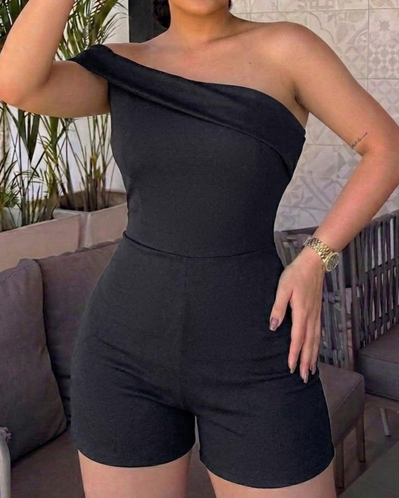 Women's Foldover One Shoulder Romper Slim Fit Ruched Sleeveless High Waist Romper