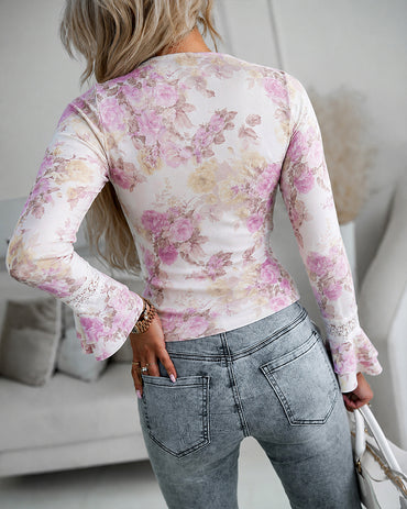 Women's French Floral Print Slim Fit Top Lace V Neck Double Layer Flared Cuffs Soft Stretch Knit Blouse