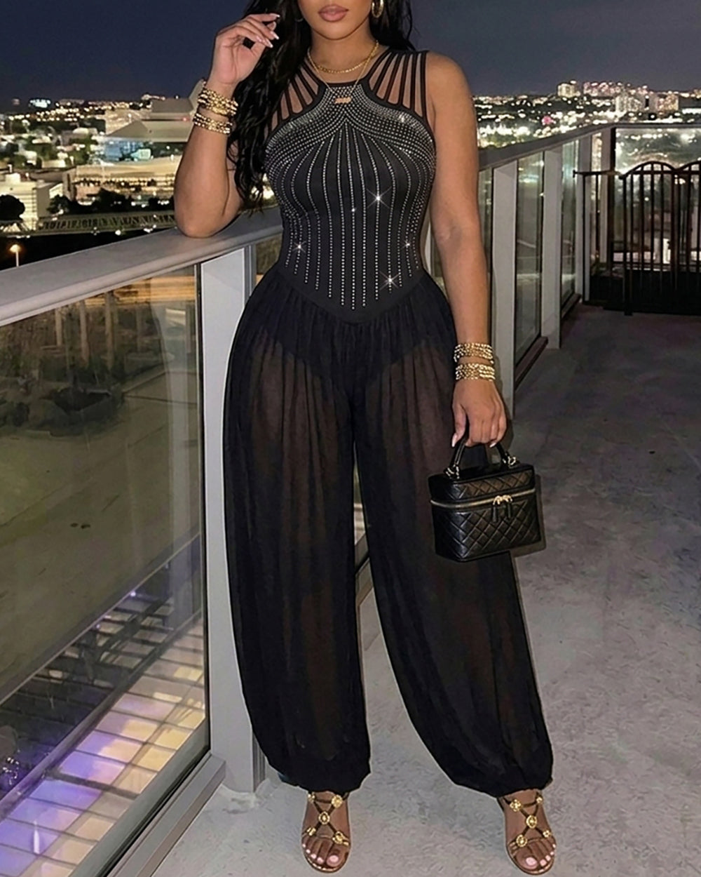 Women's Rhinestone Cutout Jumpsuit Sleeveless Sheer Chiffon Lantern Leg Overalls