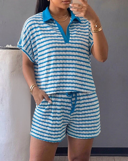 Women's Stripe Textured Two Piece Outfits Polo Top and Drawstring High Waisted Shorts Casual Lounge Set
