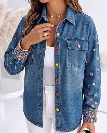 Veste en Jean brodée florale pour femmes, manteau en Jean boutonné coloré, veste délavée décontractée