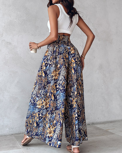 Boho Vintage Floral Print Shirred High Waist Wide Leg Pants
