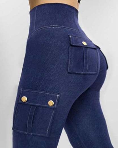 High Waist Tummy Control Butt Lifting Denim Look Leggings Stretchy Yoga Pants with Flap Pockets