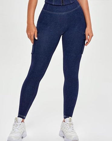 High Waist Tummy Control Butt Lifting Denim Look Leggings Stretchy Yoga Pants with Flap Pockets