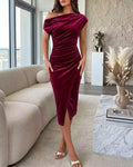 Women's Velvet Skew Neck Midi Dress Elegant Ruched Wrap Slit Bodycon Evening Dress