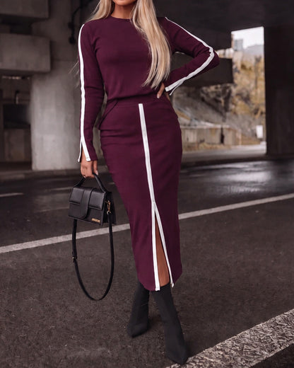 2 Pieces Outfit O-Neck Long Sleeve Slit Cuffs Top and Elastic Waist Slit Front Skirt Set Casual Contrast Striped Set