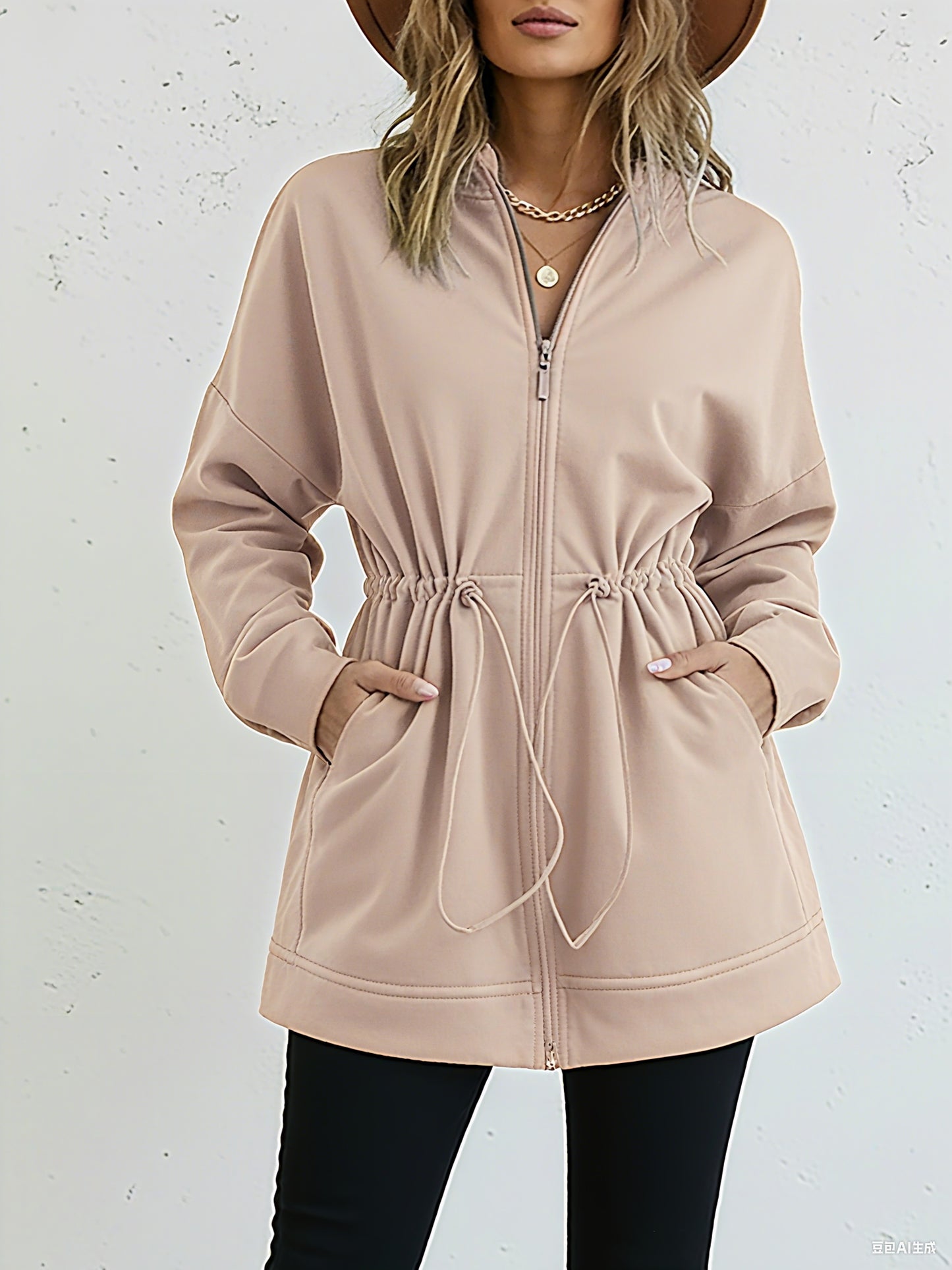 Long Sleeve Waist Drawstring Hooded Coat Casual Loose Fit Cardigan Jacket with Pockets