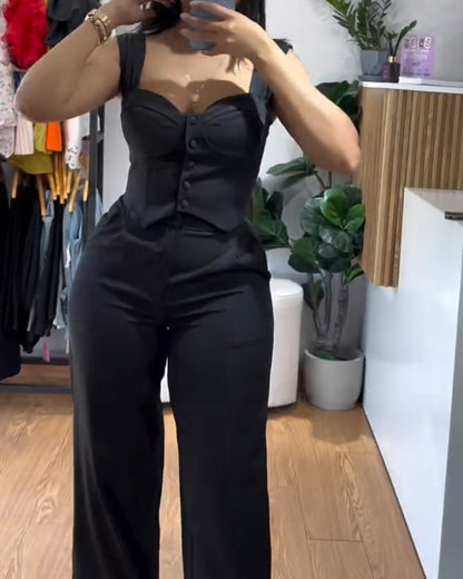 2 Pieces Outfit Thick Strap Button Front Shirred Back Slim Fit Crop Top and Casual High Waist Zipper Fly Elastic Back Waist Wide Leg Pants Set