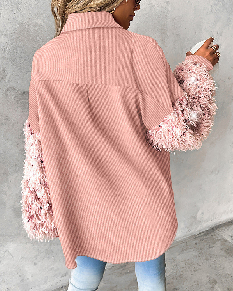 Contrast Sequin Turn-down Collar Long Sleeve Tassel Design Fuzzy Shacket with Pocket